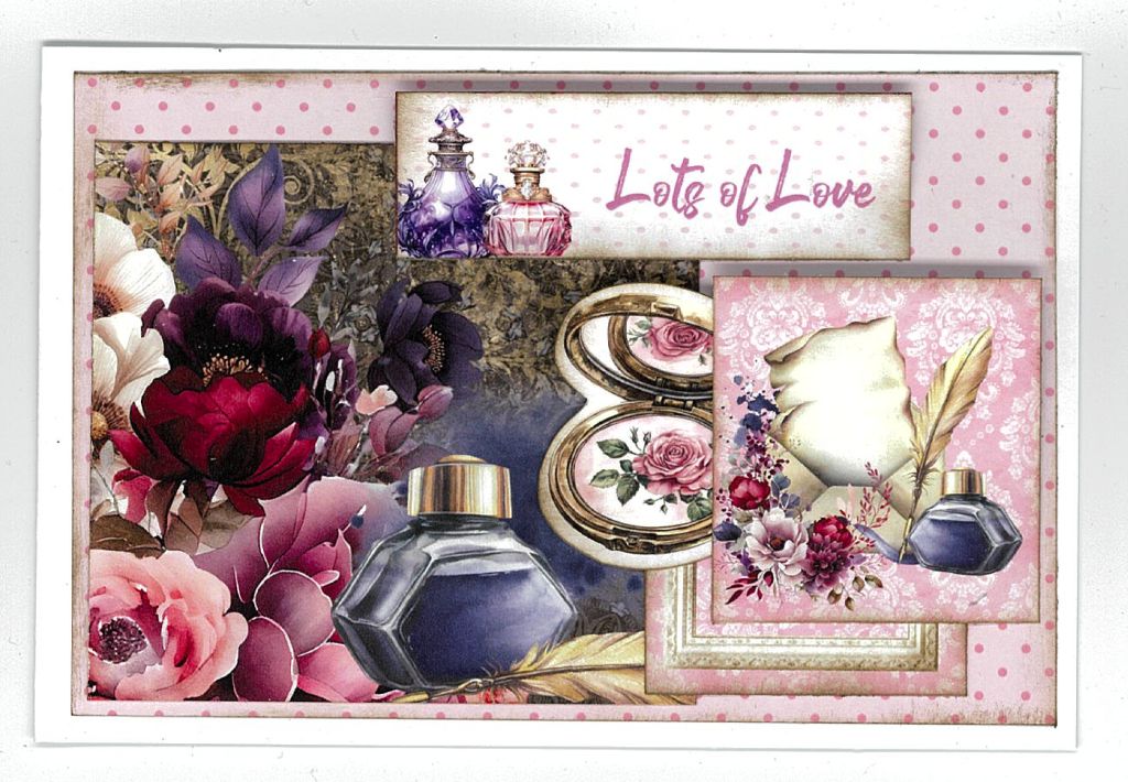 Handmade card with perfume bottles, florals, feather quill, ink bottle, and “Lots of Love” sentiment from Petal Serenade collection