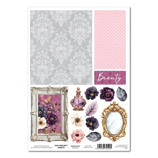 Petal Serenade mini project sheet with patterned backgrounds, florals, ornate frames, and vintage embellishments