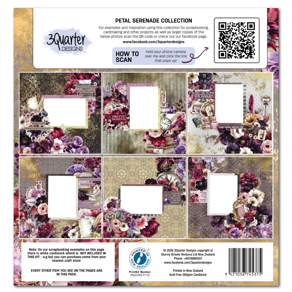 Scrapbooking paper pack for the Petal Serenade collection with floral designs in pink and gold tones and 3Quarter Designs branding.