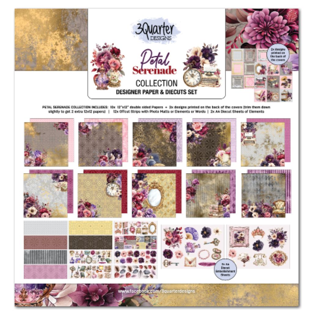 Designer paper and die cuts set called Petal Serenade with floral and decorative designs by 3Quarter Designs. Vintage feel with pink and gold elements. 