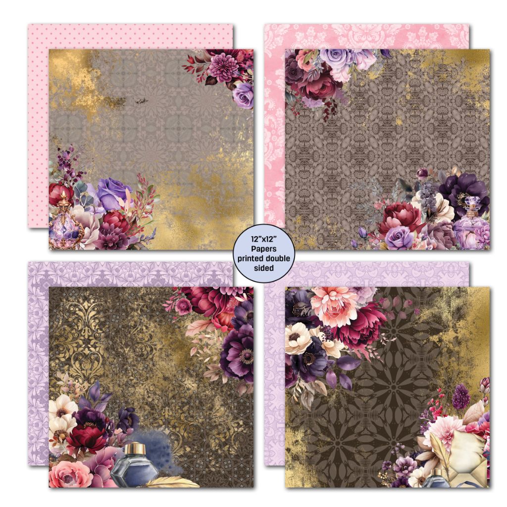 Petal Serenade 12×12 papers from 3Quarter Designs with layered floral motifs, antique ephemera, and matching patterned reverse sides.