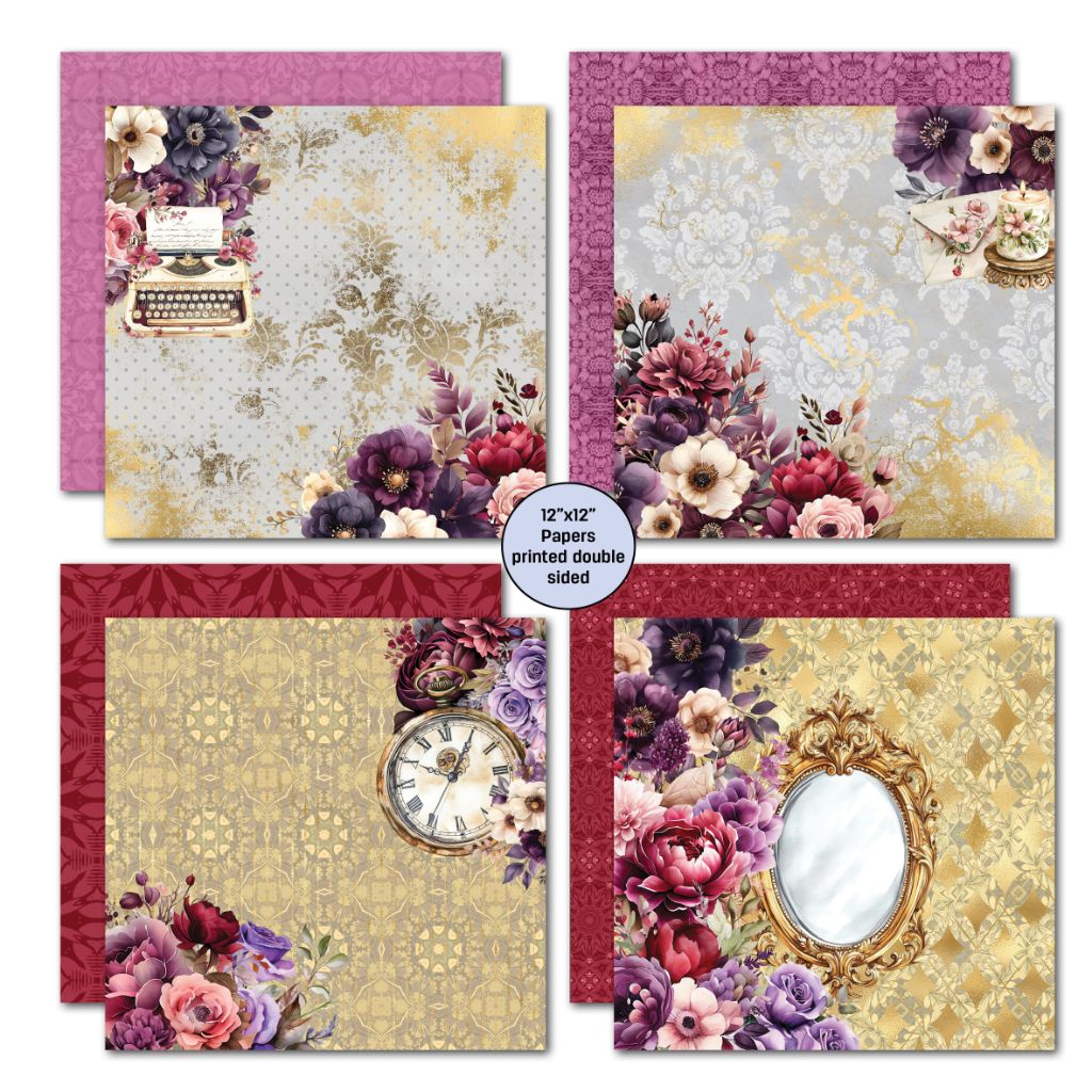 Petal Serenade 12×12 papers from 3Quarter Designs with rich burgundy, purple, and gold backgrounds, layered floral motifs, typewriter, clock, ornate mirror and candle ephemera, and coordinating damask reverse patterns.