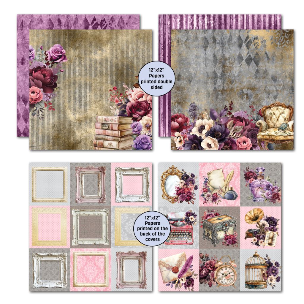 Petal Serenade 12×12 paper display by 3Quarter Designs with layered floral motifs, antique ephemera (typewriter, clock, ornate mirror, bird cage), rich burgundy, purple and gold backgrounds, and coordinating damask and striped reverse patterns.