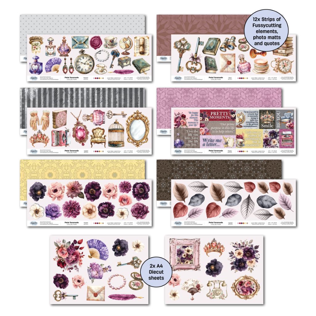 Petal Serenade die-cut and strip sheet from 3Quarter Designs featuring twelve off-cut strips and two A4 die-cut sheets with vintage florals, keys, perfume bottles, clocks, ornate frames, and word strips in purples, pinks, and golds.
