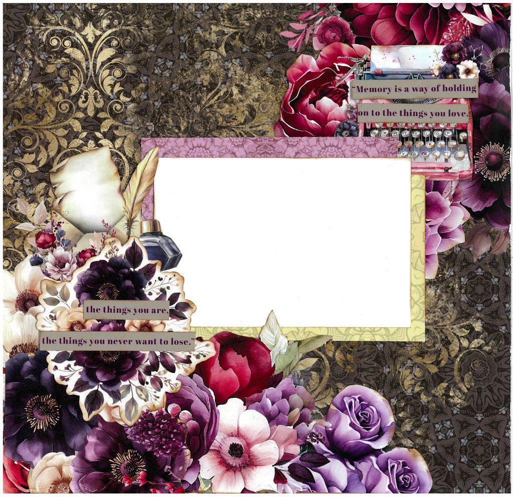 Petal Serenade layout by 3Quarter Designs — dark damask background with a central rectangular photo mat framed by yellow‑pink florals, layered purple and red roses, vintage typewriter with the quote “Memory is a way of holding on to the things you love,” and ink‑bottle and quill embellishments.