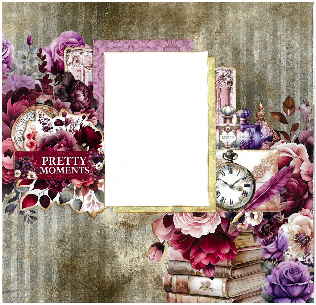 Petal Serenade layout by 3Quarter Designs — central photo mat framed by ornate purple‑yellow florals, pocket watch, ELYSIAN perfume bottles, quill and stacked books on a textured striped background with a "PRETTY MOMENTS" label.