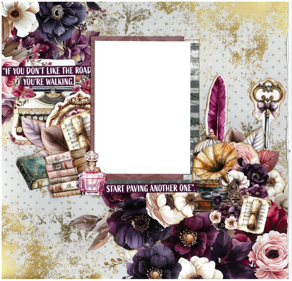 Petal Serenade layout by 3Quarter Designs featuring a maroon‑framed central photo mat, typewriter, stacked books, gramophone, quill and key ephemera, perfume bottle and sheet music, layered purple and pink florals with gold splatter, and the quote “If you don't like the road you're walking, start paving another one.”