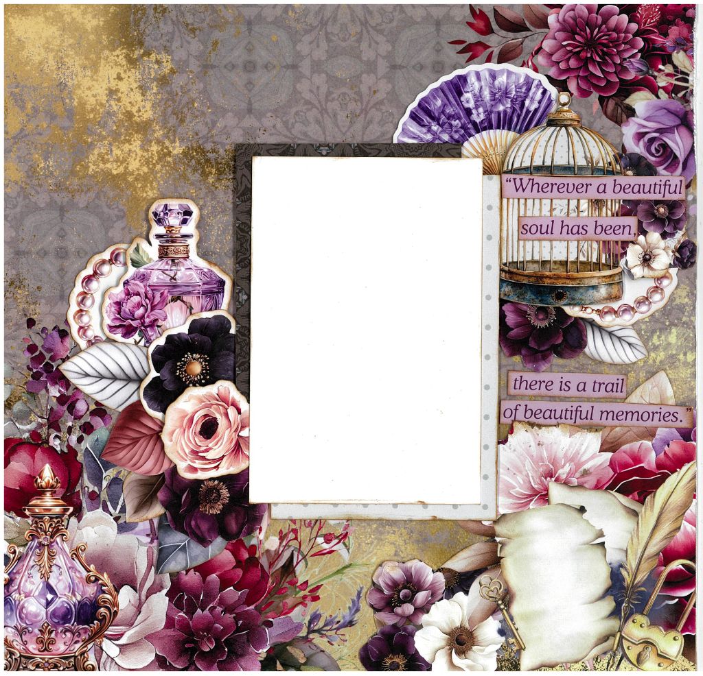 Petal Serenade layout by 3Quarter Designs — central photo mat framed by pink and purple florals, birdcage, perfume bottles, fan, pearls and quill on a gold‑gray textured background with the quote “Wherever a beautiful soul has been…”