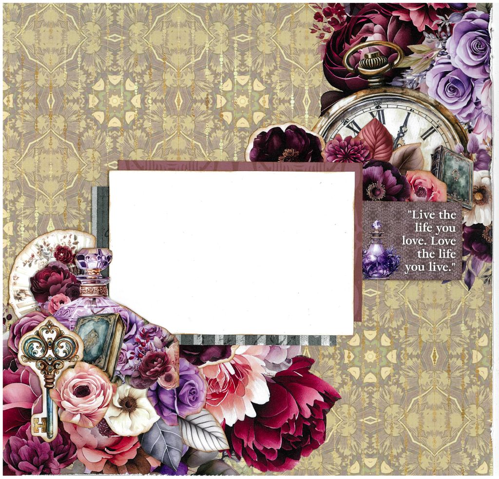 Petal Serenade layout by 3Quarter Designs — gold‑beige damask background with a central photo mat bordered in purple, pocket watch, vintage key, purple perfume bottle, fan and layered pink and purple florals, plus the quote “Live the life you love. Love the life you live.”