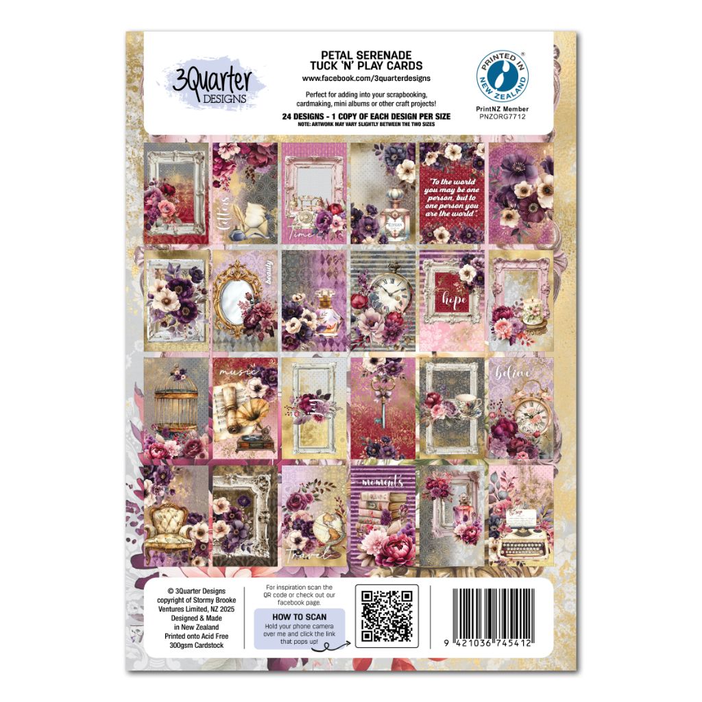 Petal Serenade Tuck ’N’ Play Cards by 3Quarter Designs — 24 double‑sided ephemera cards featuring vintage florals, typewriter, clock, perfume bottle, ornate frames and inspirational word strips in purples, pinks and golds.