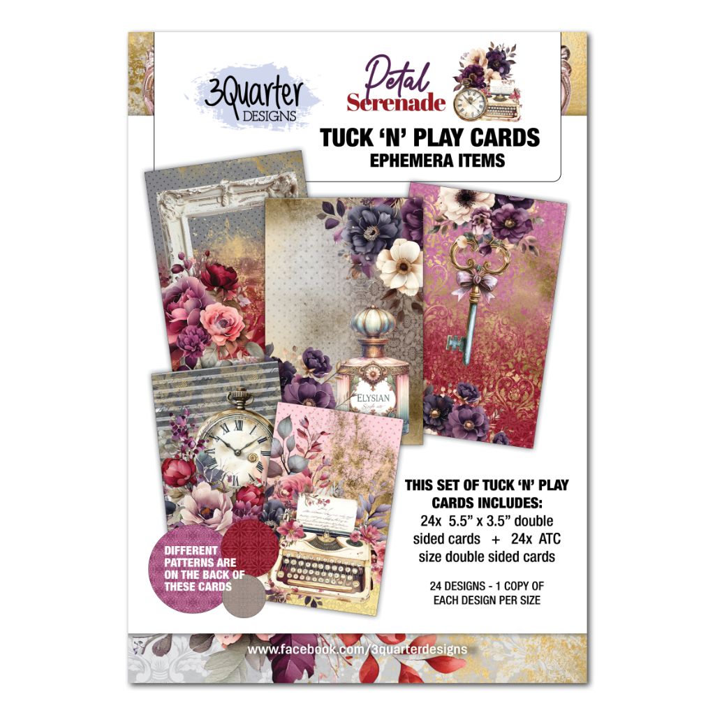 Petal Serenade Tuck 'N' Play Cards by 3Quarter Designs — set of double‑sided ephemera cards and ATC cards featuring vintage florals and motifs (typewriter, clock, key, perfume) in purple, burgundy and gold.