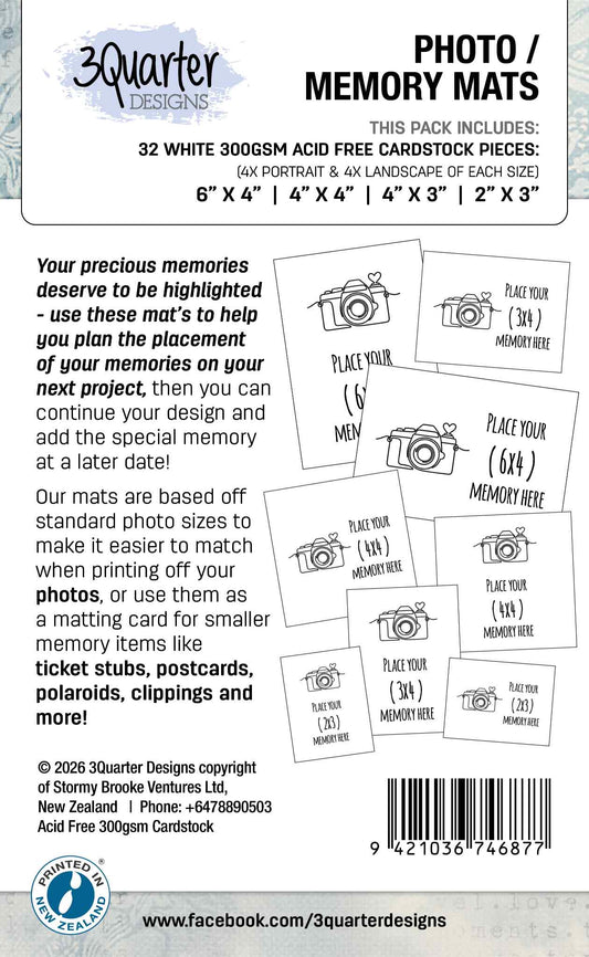 Photo Memory Mats by 3Quarter Designs — pack of 32 white 300gsm acid-free cardstock pieces in four standard photo sizes: 6x4, 4x4, 4x3 and 2x3 inches, portrait and landscape