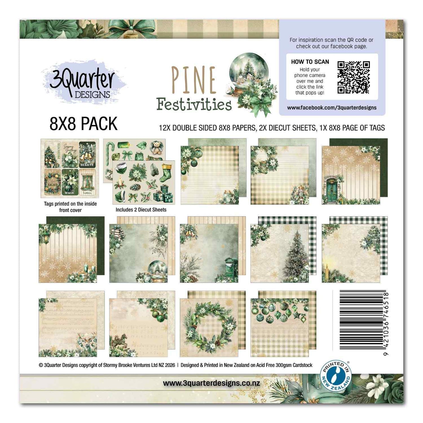 3Quarter Designs Pine Festivities 8x8 Paper Pack cover showing all paper designs, die cut sheets and tag page contents