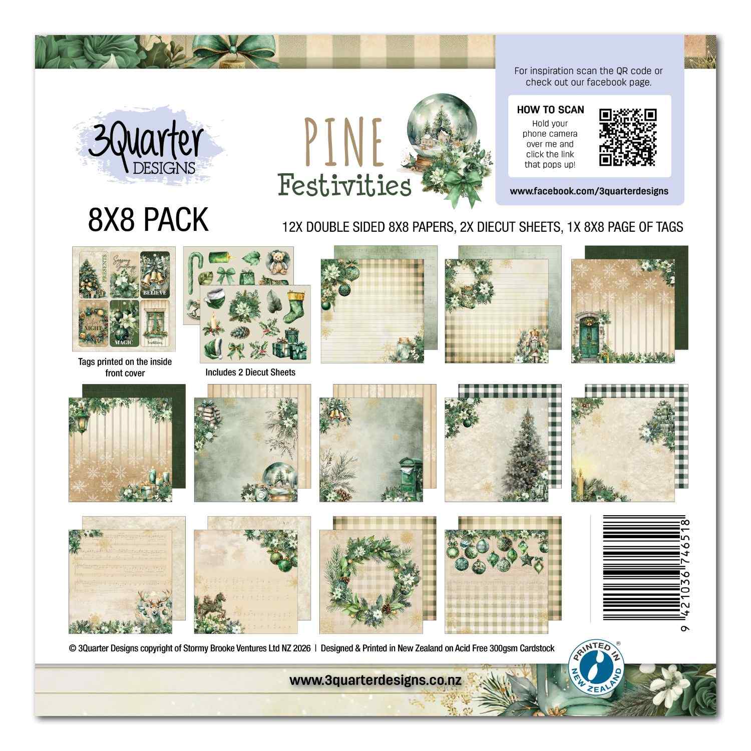 3Quarter Designs Pine Festivities 8x8 Paper Pack cover showing all paper designs, die cut sheets and tag page contents