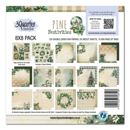 3Quarter Designs Pine Festivities 8x8 Paper Pack cover showing all paper designs, die cut sheets and tag page contents