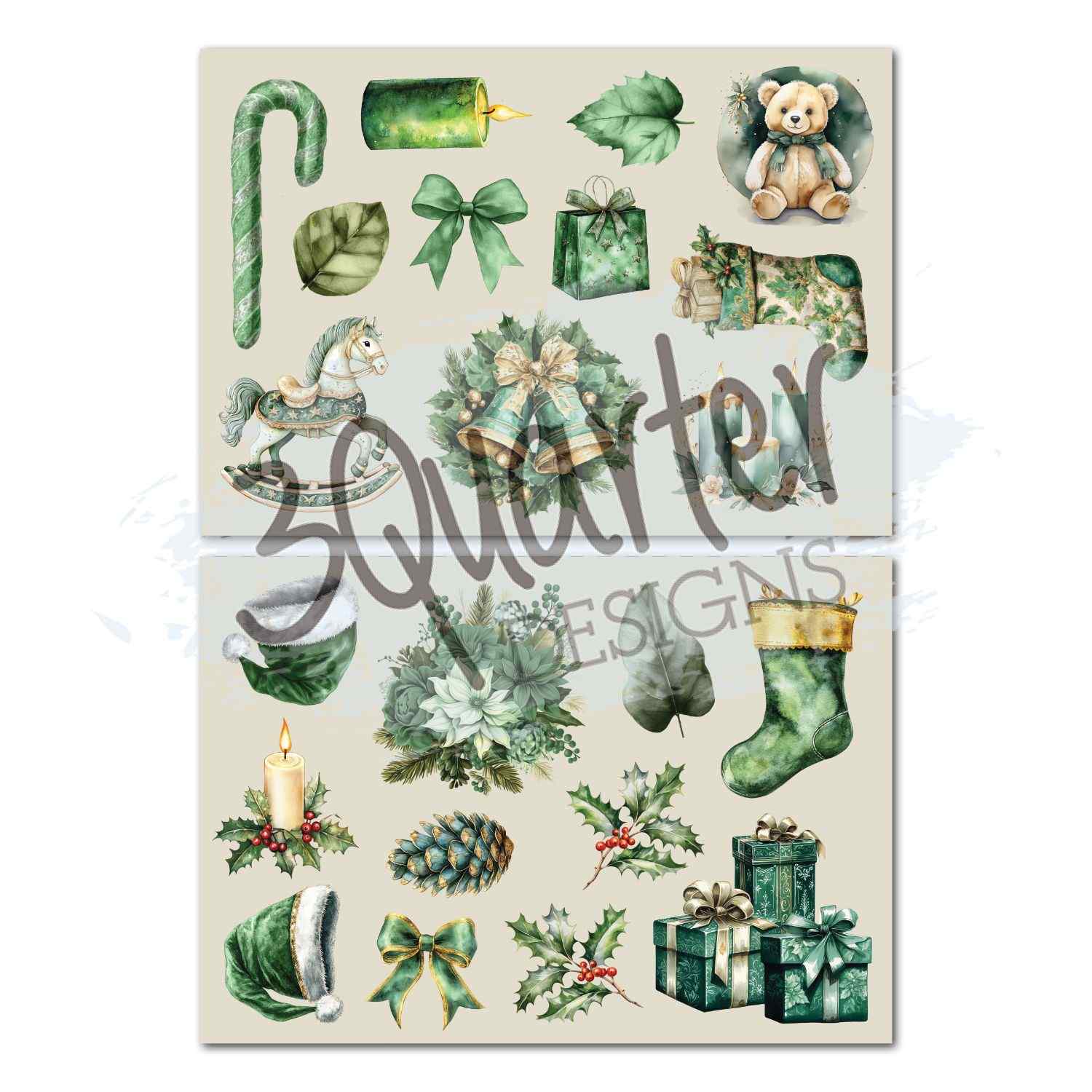 Pine Festivities two A5 die cut sheets showing Christmas elements including candy cane, candle, bow, gift bag, teddy bear, rocking horse, bells, stocking, Santa hat, poinsettia, mittens, holly, pine cone and gift boxes