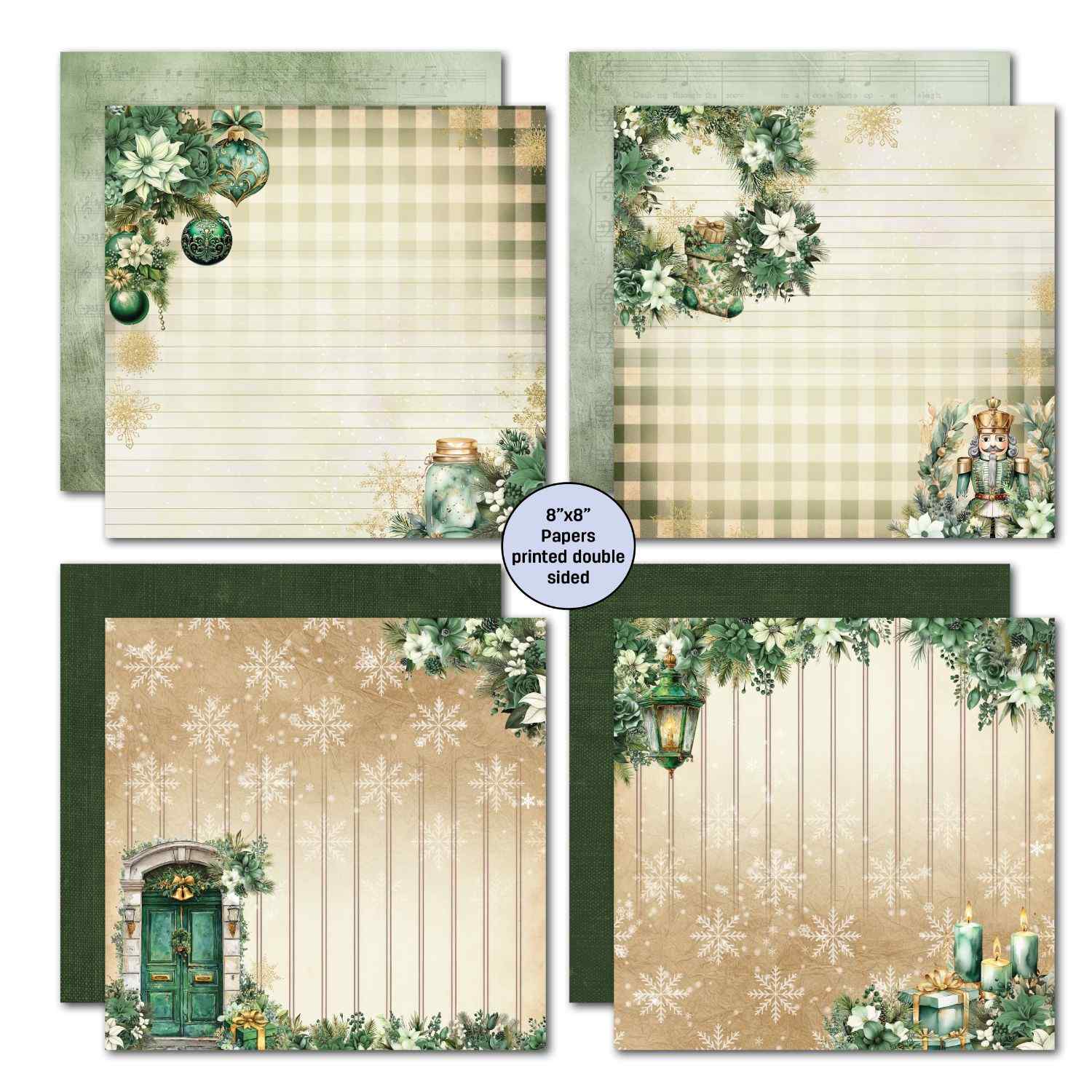 Pine Festivities 8x8 double-sided papers showing bauble and ornament lined papers, buffalo check in green and cream, snowflake background with green front door and hanging lantern scenes