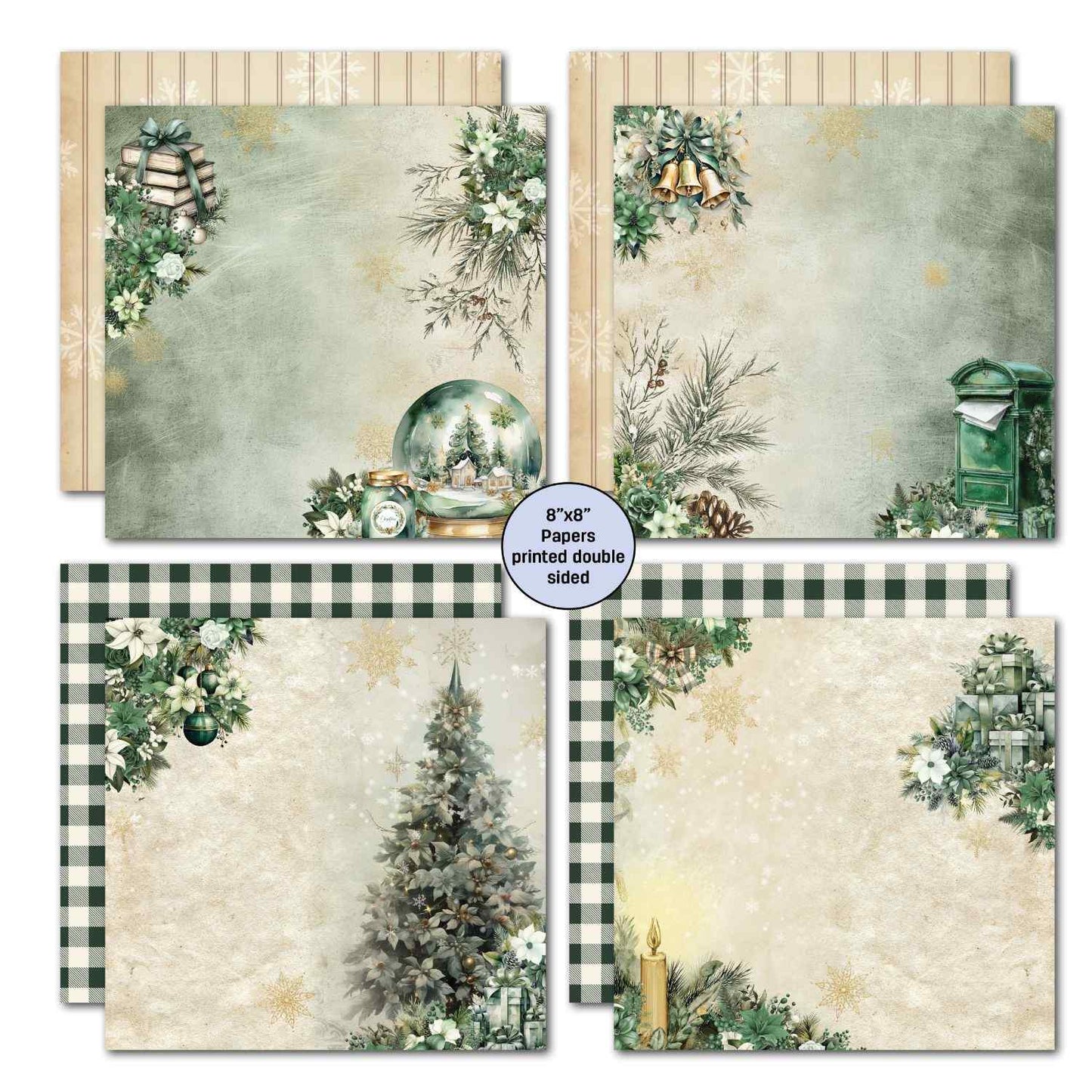 Pine Festivities 8x8 double-sided papers showing soft sage backgrounds with snow globe and pine branches, green mailbox, black and cream buffalo check, Christmas tree on distressed cream with candle