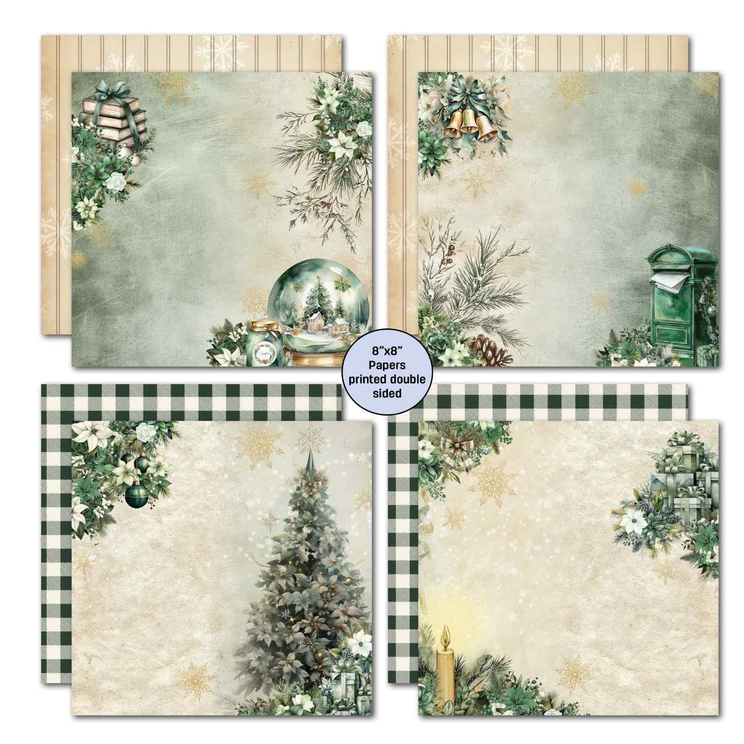 Pine Festivities 8x8 double-sided papers showing soft sage backgrounds with snow globe and pine branches, green mailbox, black and cream buffalo check, Christmas tree on distressed cream with candle