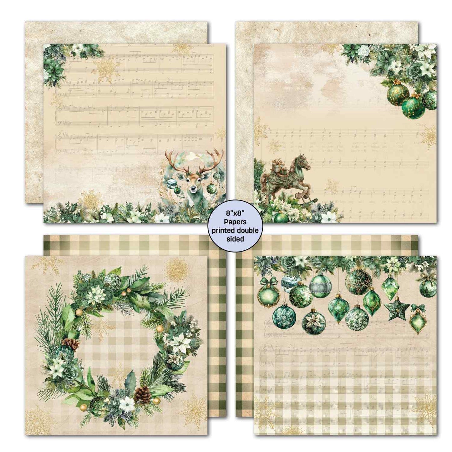 Pine Festivities 8x8 double-sided papers showing sheet music with deer and carousel horse, wreath on plaid and hanging green baubles on sheet music