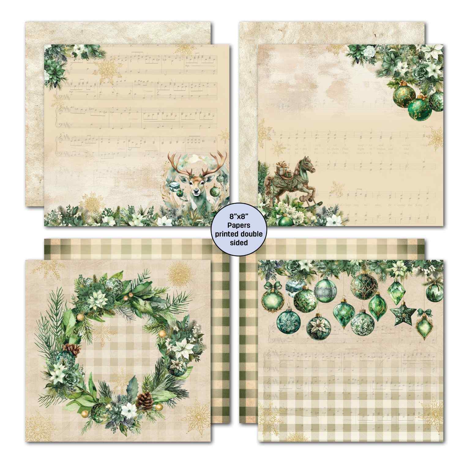 Pine Festivities 8x8 double-sided papers showing sheet music with deer and carousel horse, wreath on plaid and hanging green baubles on sheet music