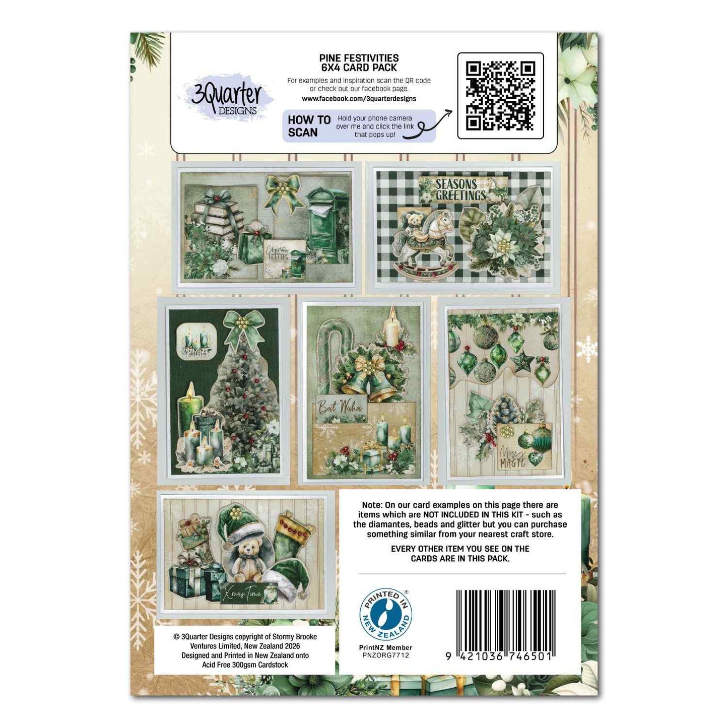  Pine Festivities Card Making Kit back cover showing 5 example Christmas card designs featuring mailbox, rocking horse, Christmas tree, bells and baubles