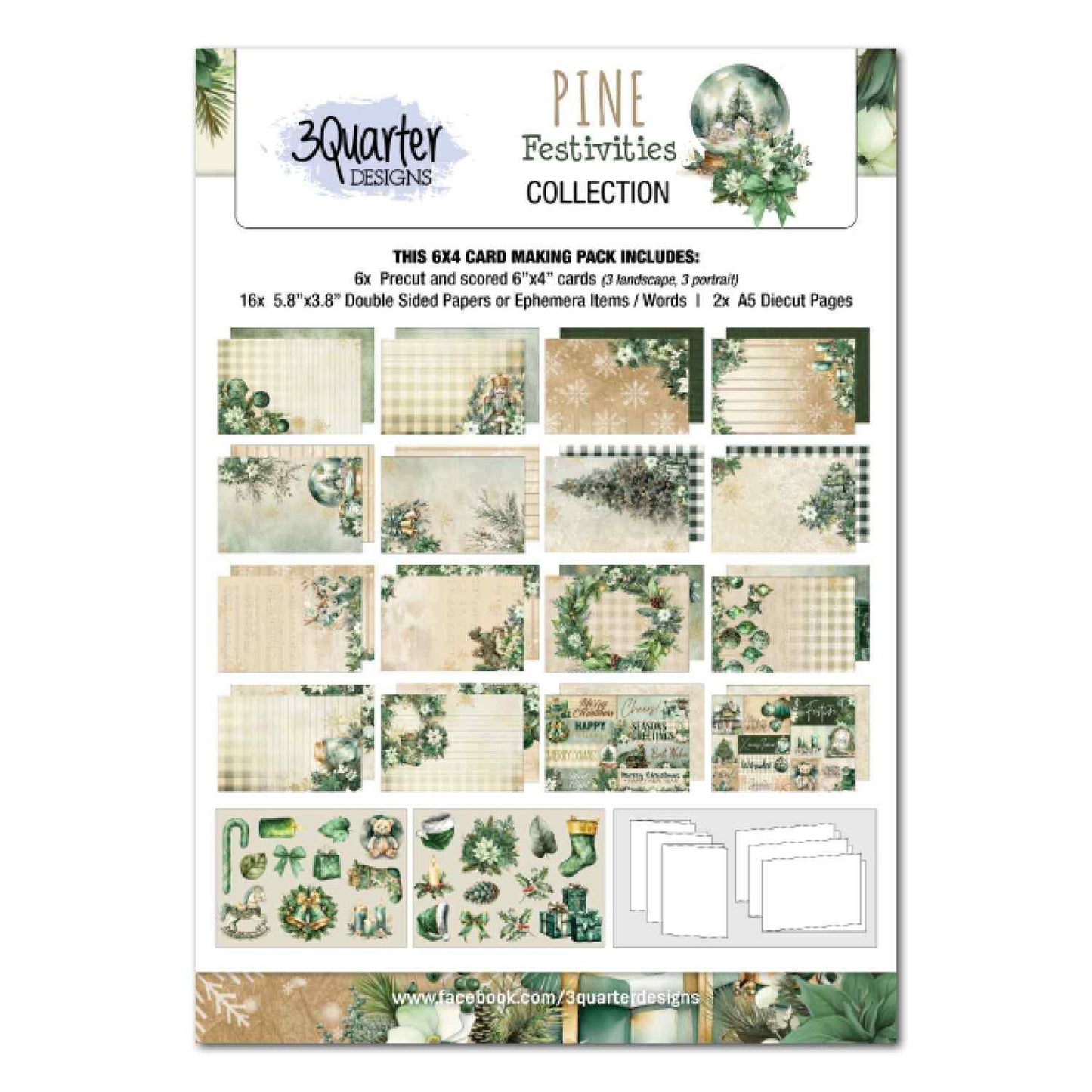 3Quarter Designs Pine Festivities 6x4 Card Making Kit front cover showing kit contents including precut cards, double-sided papers and die cut pages