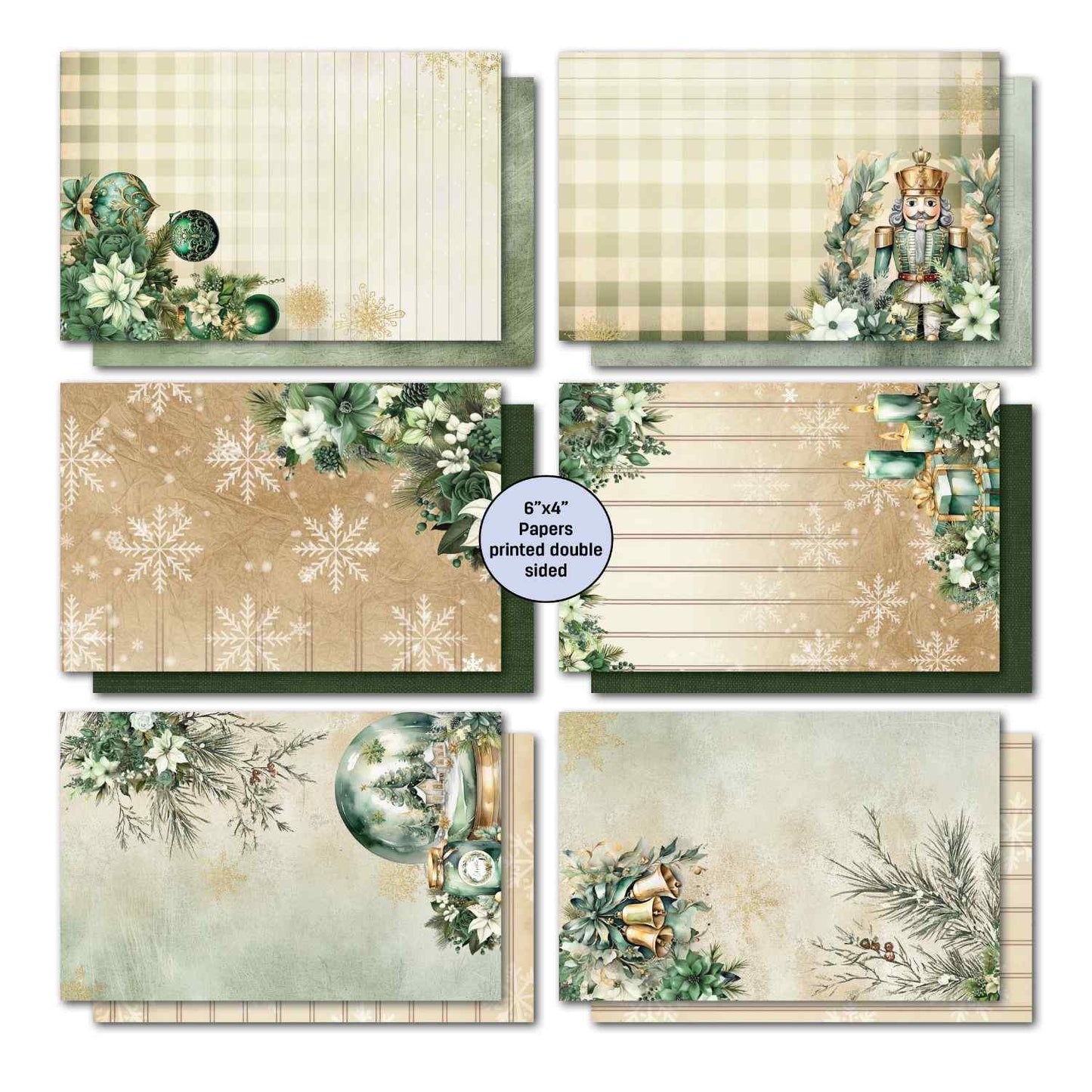 Pine Festivities double-sided 6x4 papers showing bauble and poinsettia lined papers, nutcracker on buffalo check, snowflake backgrounds and gift corner designs