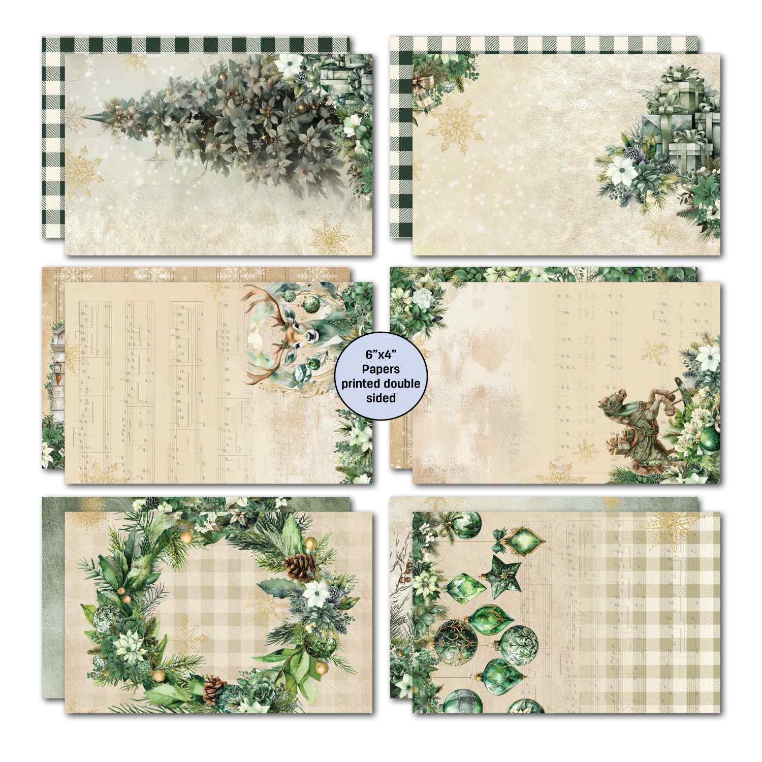 Pine Festivities double-sided 6x4 papers showing Christmas tree on buffalo check, deer on sheet music, wreath on plaid and green baubles designs