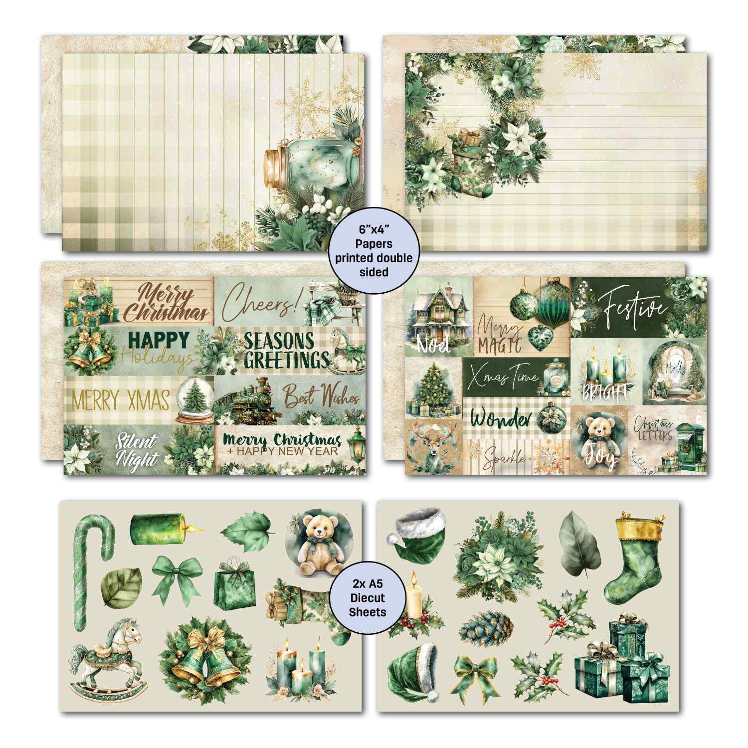  Pine Festivities 6x4 card papers and die cuts flat lay showing word cards, collage tiles and two A5 die cut sheets with Christmas elements