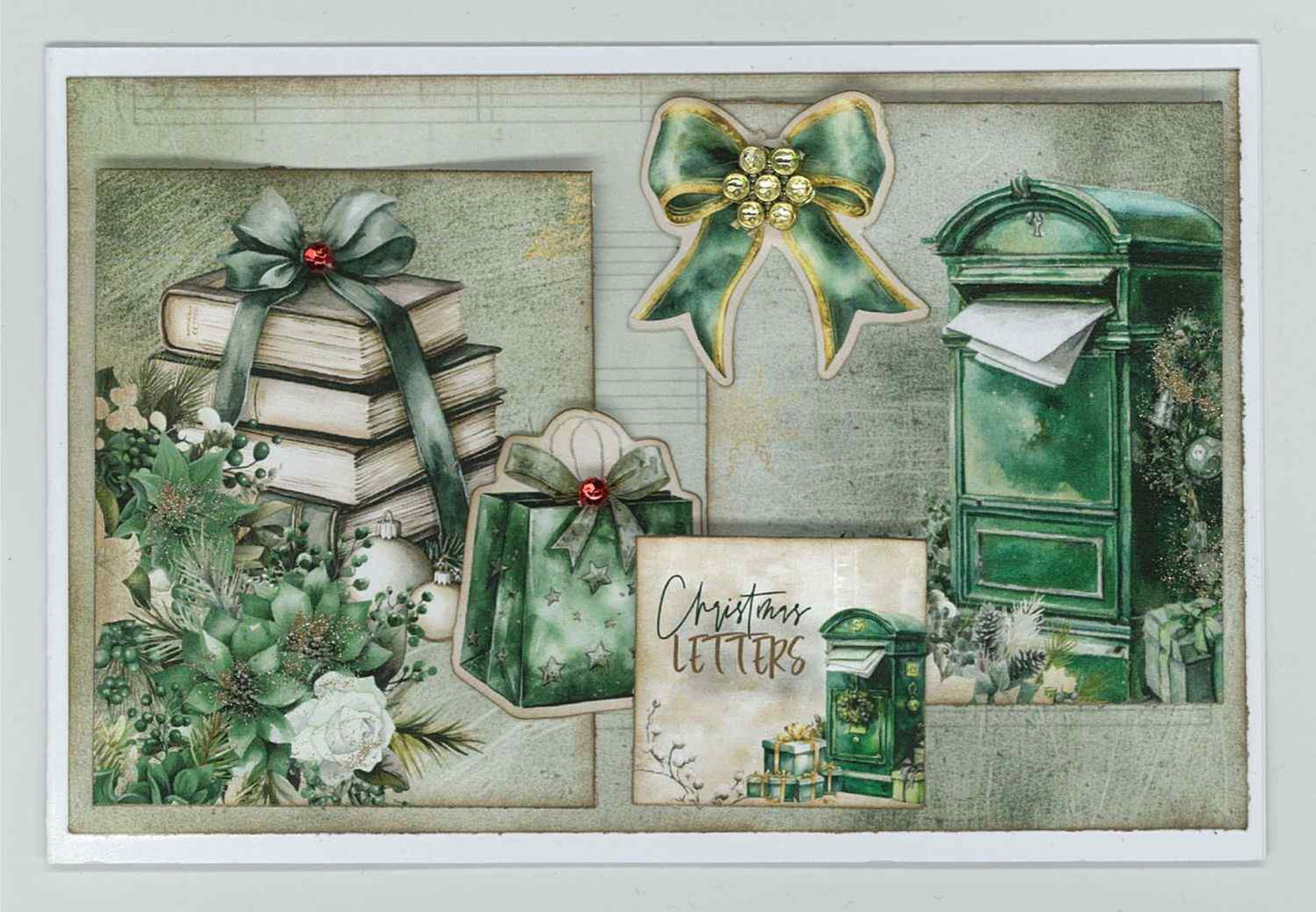 Pine Festivities card sample showing a landscape card with soft sage background, die-cut green mailbox, stacked books with ribbon, gift bag, bow with gold gems and Christmas Letters word tile