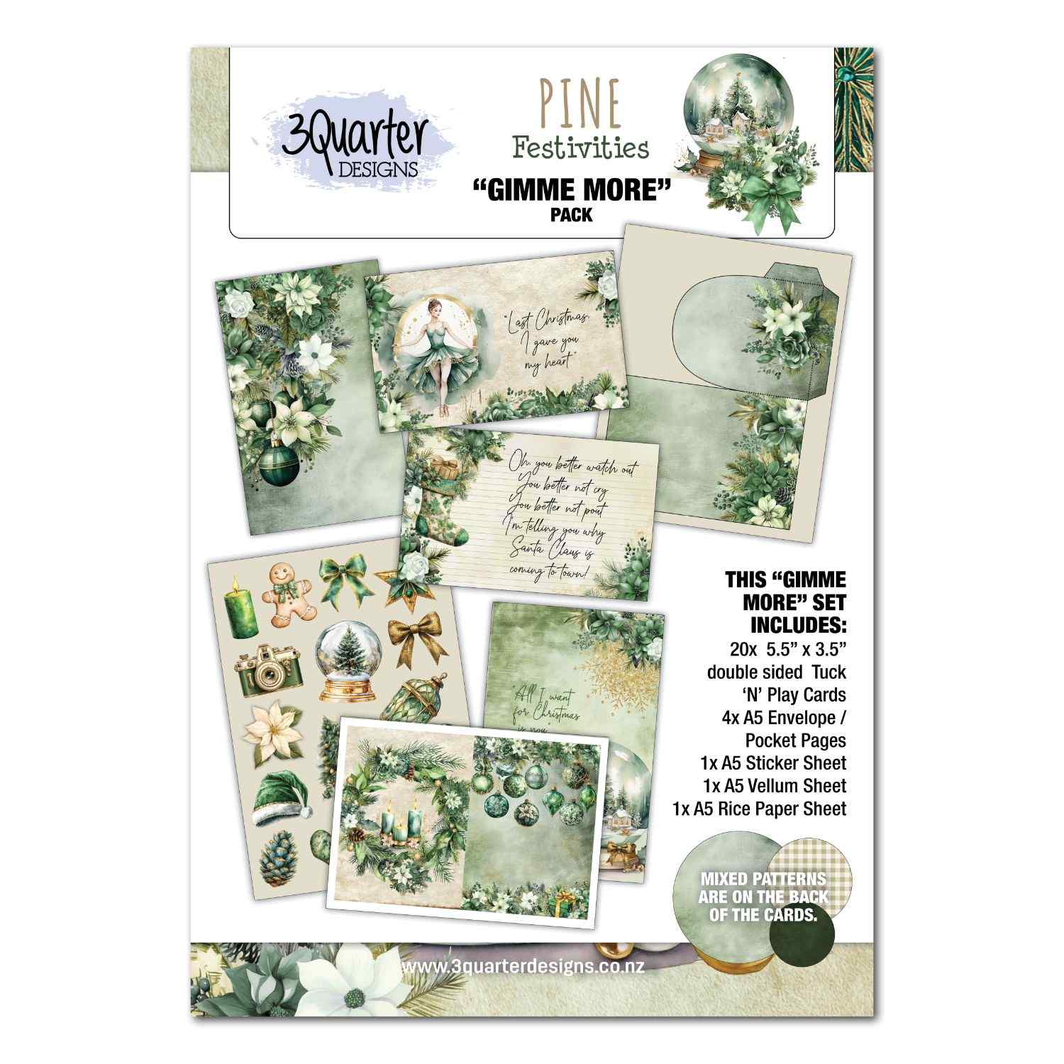 3Quarter Designs Pine Festivities Gimme More Pack front cover showing pack contents including Tuck N Play cards, envelope pages, sticker sheet, vellum and rice paper