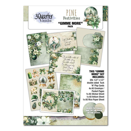 3Quarter Designs Pine Festivities Gimme More Pack front cover showing pack contents including Tuck N Play cards, envelope pages, sticker sheet, vellum and rice paper