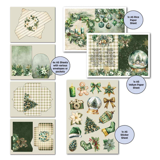 Pine Festivities Gimme More Pack extras showing 4 A5 envelope and pocket pages, A5 sticker sheet with Christmas elements, A5 rice paper sheet with wreath and candles, and A5 vellum sheet with Jingle Bells lyrics