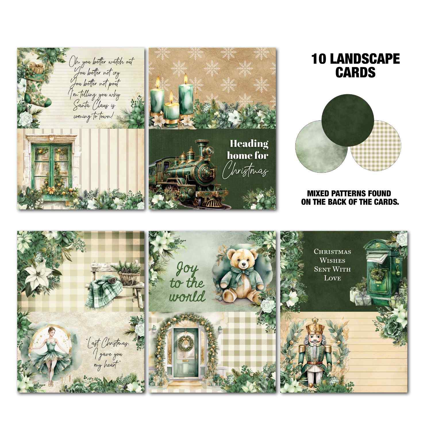 Pine Festivities Gimme More Pack 10 landscape Tuck N Play cards showing Santa Claus is Coming to Town, green candles, vintage steam train, green front door, fireplace, Christmas stockings, hanging lantern, Joy to the World and It's Beginning to Look a Lot Like Christmas designs