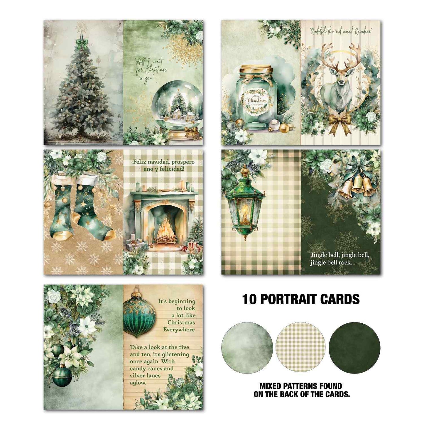 Pine Festivities Gimme More Pack 10 portrait Tuck N Play cards showing: Christmas tree with star topper; All I Want for Christmas is You with snow globe; Christmas stockings on gold snowflake background; Feliz Navidad fireplace with buffalo check; Christmas jar with baubles; Rudolph the Red-Nosed Reindeer with deer and wreath; hanging green lantern on buffalo check; Jingle Bell Rock with gold bells and dark green background; It's Beginning to Look a Lot Like Christmas with green bauble and song lyrics; plus