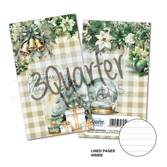 Pine Festivities Mini Notebook — Christmas Magic cover with snow globe, bells, gifts and buffalo check