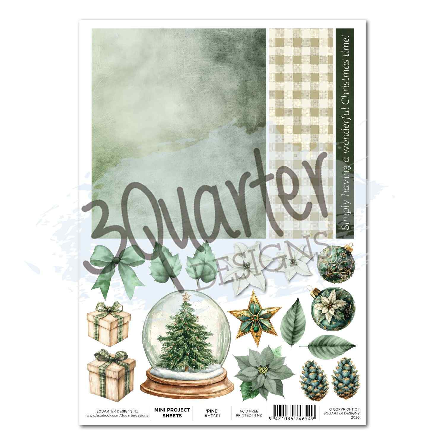 3Quarter Designs Pine Festivities Mini Project Sheet showing sage watercolour and buffalo check backgrounds with fussy-cut snow globe, green bow, plaid gift boxes, star, baubles, poinsettia, leaves and pine cones