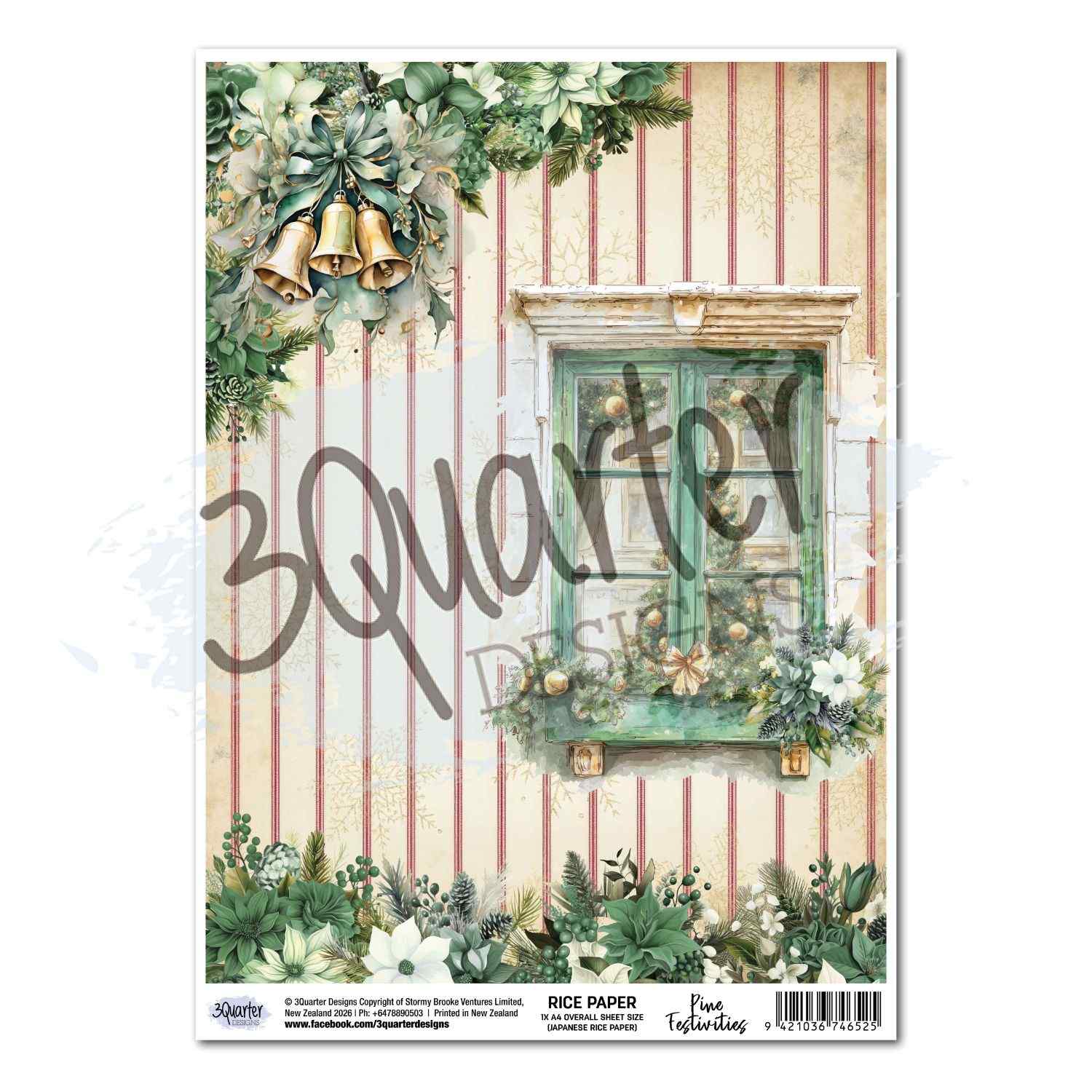 3Quarter Designs Pine Festivities A4 Japanese rice paper sheet showing a green shuttered window with Christmas wreath and gold baubles, gold bells with green bow and holly, white poinsettias, pine cones, succulents and berries on a cream and red ticking stripe background