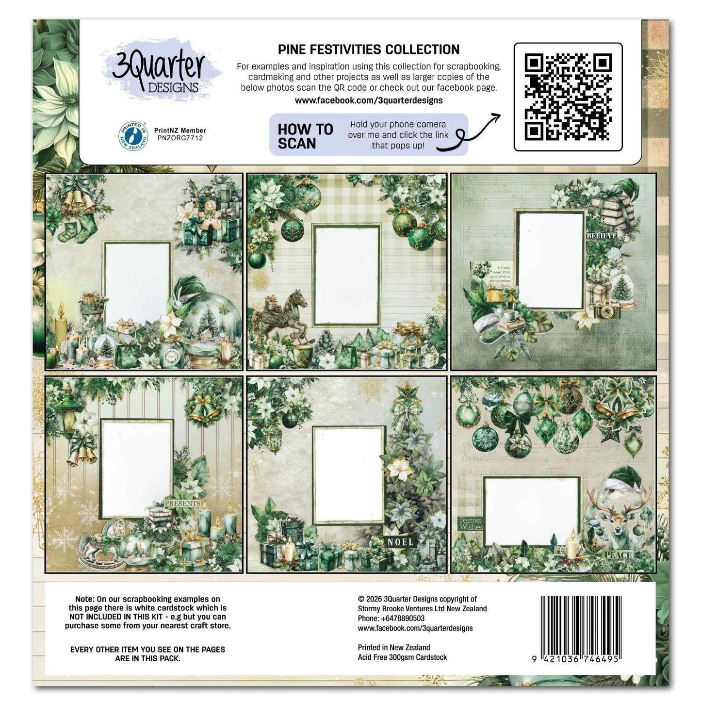 3Quarter Designs Pine Festivities kit back cover showing 6 scrapbook page layout examples with photo mat placeholders