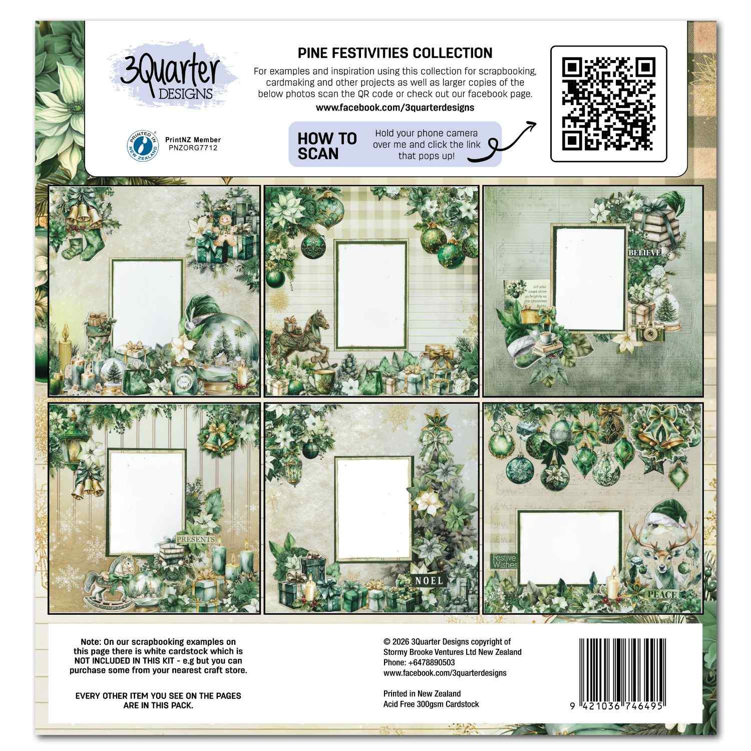 3Quarter Designs Pine Festivities kit back cover showing 6 scrapbook page layout examples with photo mat placeholders