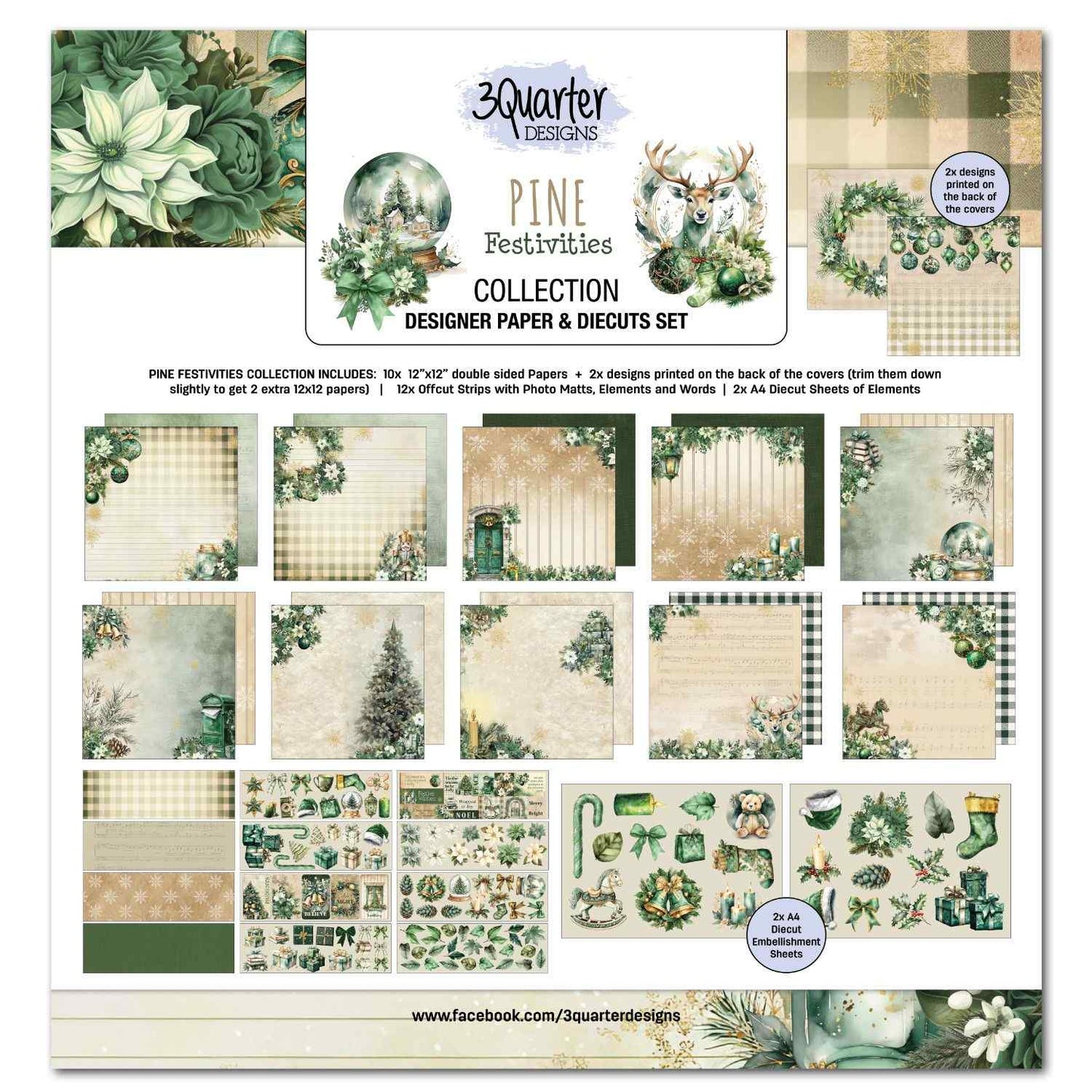 3Quarter Designs Pine Festivities 12x12 Scrapbook Collection Kit front cover showing full kit contents overview