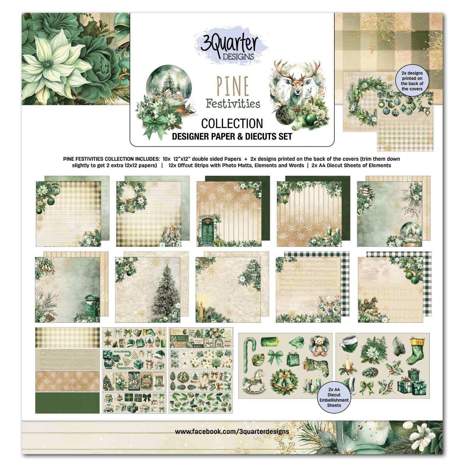 3Quarter Designs Pine Festivities 12x12 Scrapbook Collection Kit front cover showing full kit contents overview