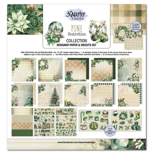 3Quarter Designs Pine Festivities 12x12 Scrapbook Collection Kit front cover showing full kit contents overview