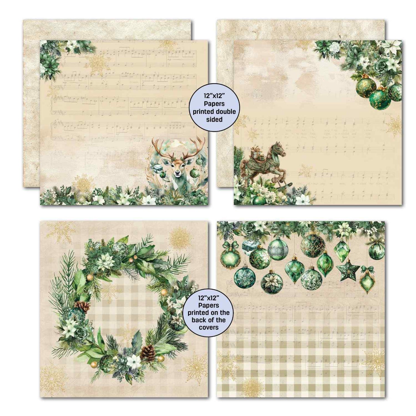 Pine Festivities double-sided 12x12 papers showing sheet music with deer, carousel horse, wreath on plaid and hanging ornaments designs