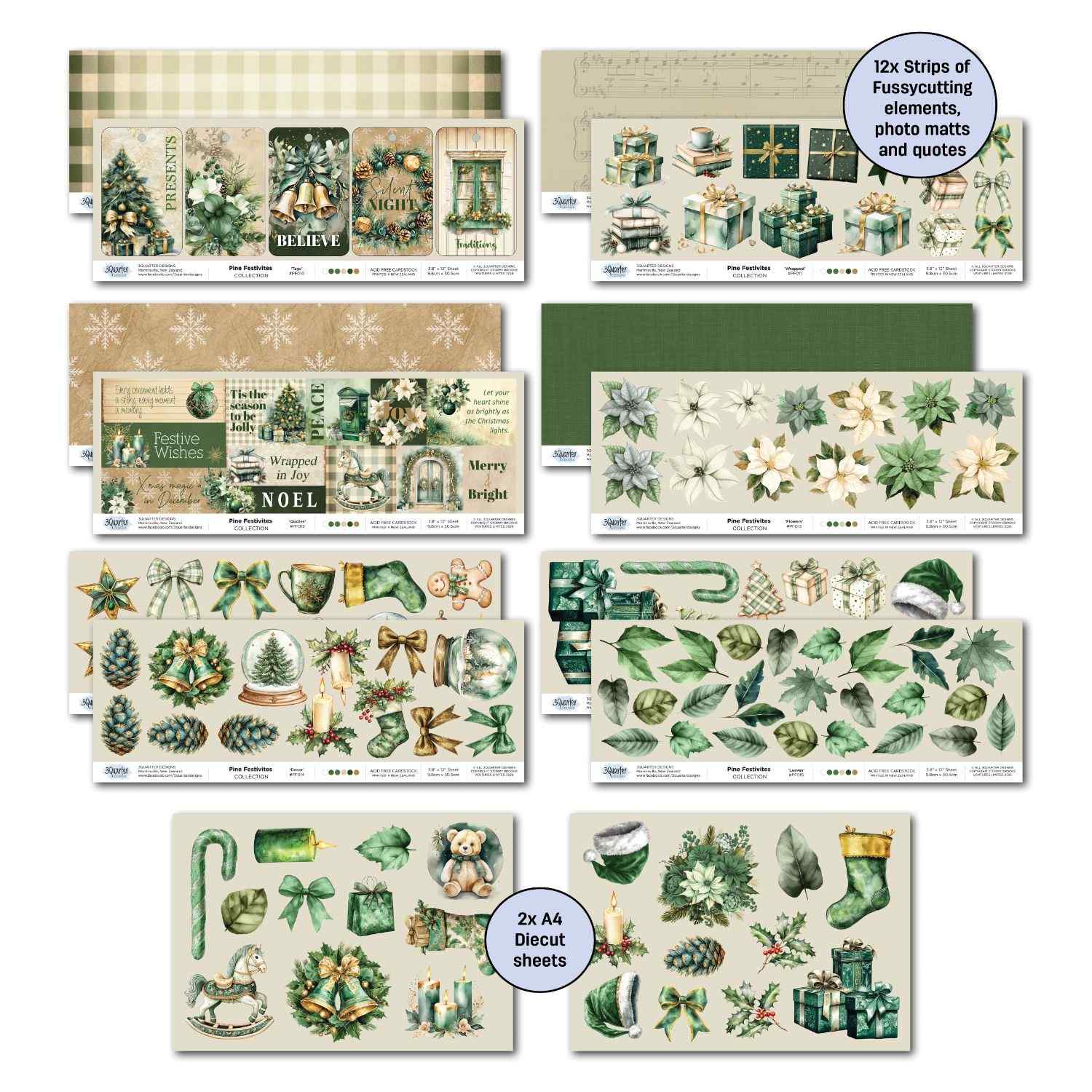 Pine Festivities offcut strips and A4 die-cut embellishment sheets showing fussy-cut Christmas elements, word strips and photo mats.