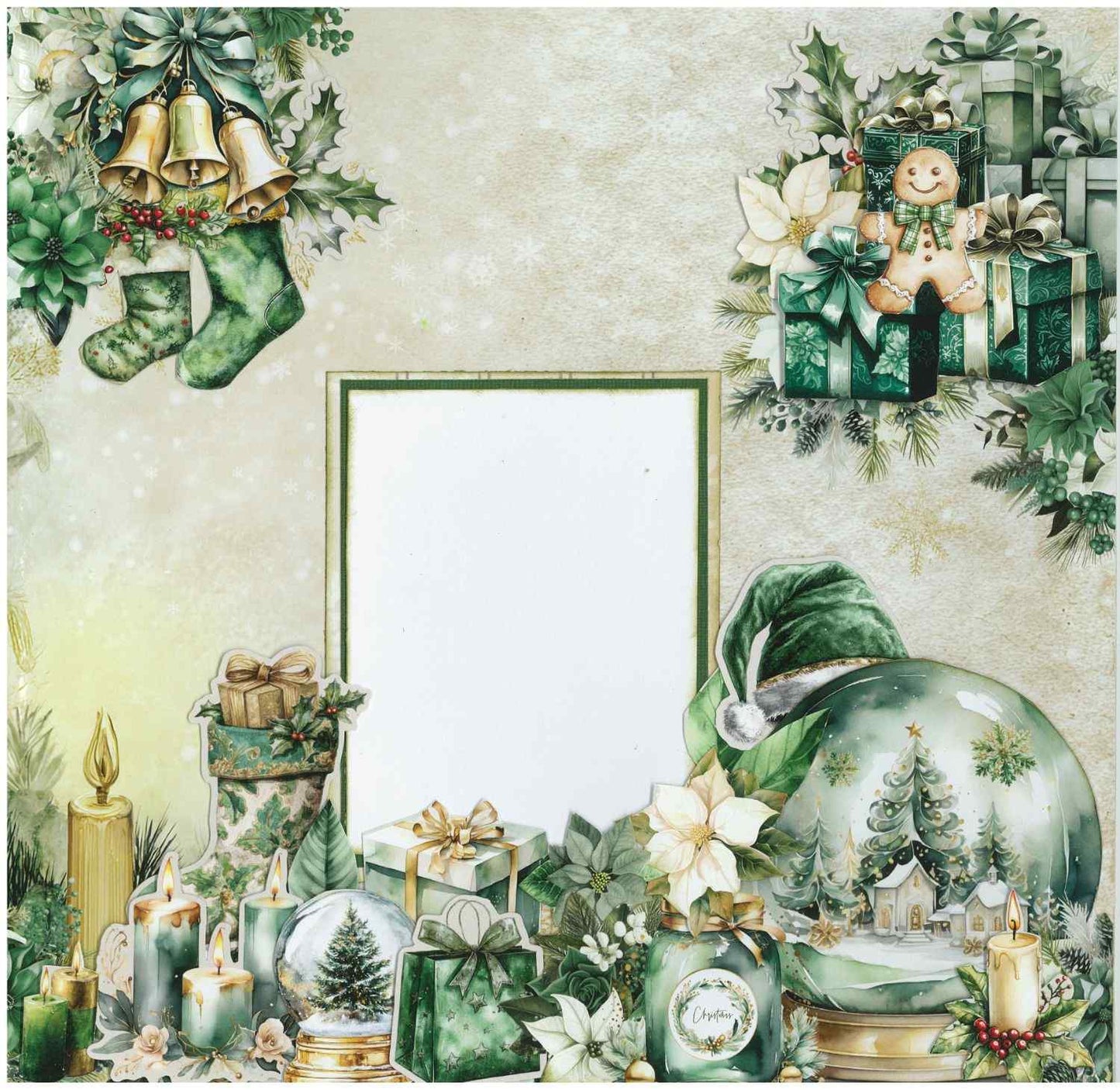 Pine Festivities scrapbook layout sample showing a photo mat surrounded by die-cut Christmas elements including bells, stockings, gingerbread man, gifts, snow globes, candles and poinsettias in green and gold