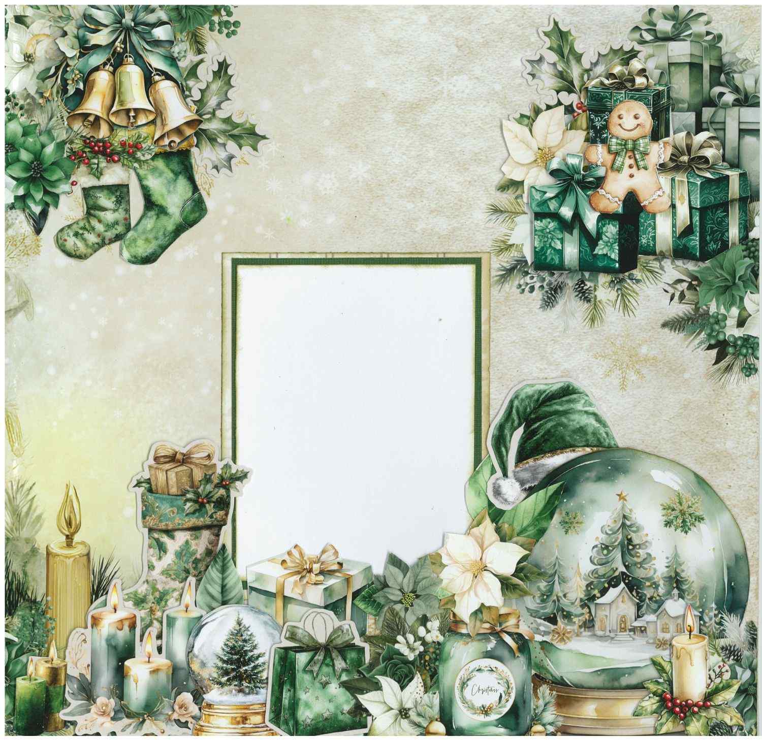 Pine Festivities scrapbook layout sample showing a photo mat surrounded by die-cut Christmas elements including bells, stockings, gingerbread man, gifts, snow globes, candles and poinsettias in green and gold