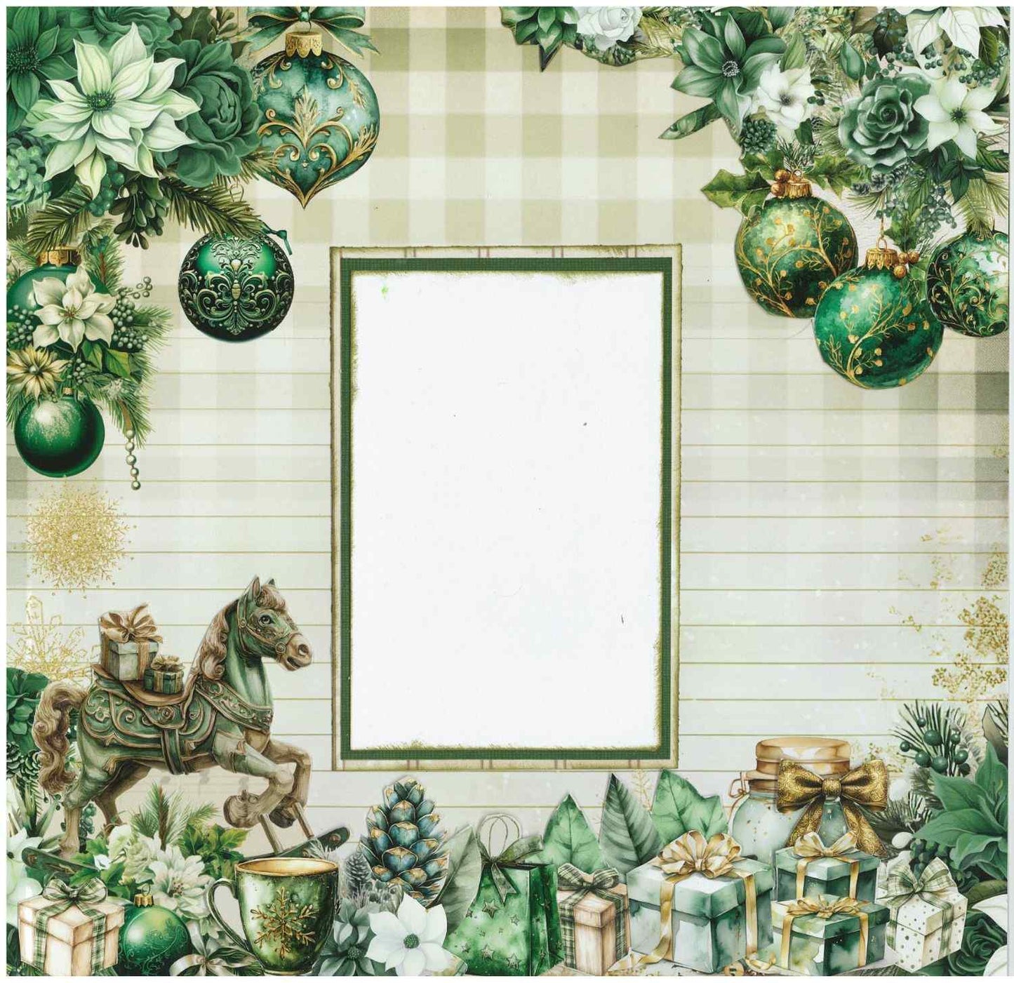 Pine Festivities scrapbook layout sample showing a photo mat on lined and buffalo check papers with die-cut green Christmas baubles, carousel horse, gifts, pine cones and poinsettias