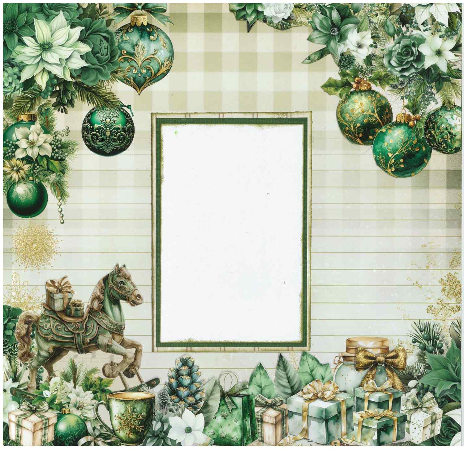 Pine Festivities scrapbook layout sample showing a photo mat on lined and buffalo check papers with die-cut green Christmas baubles, carousel horse, gifts, pine cones and poinsettias